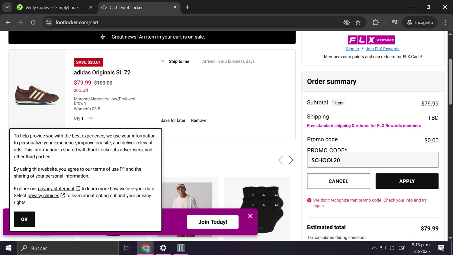Foot Locker promo code screenshot showing code SCHOOL20 applied at Foot Locker checkout page. Uploaded by SimplyCodes community member Anzus777 on Aug 4, 2025
