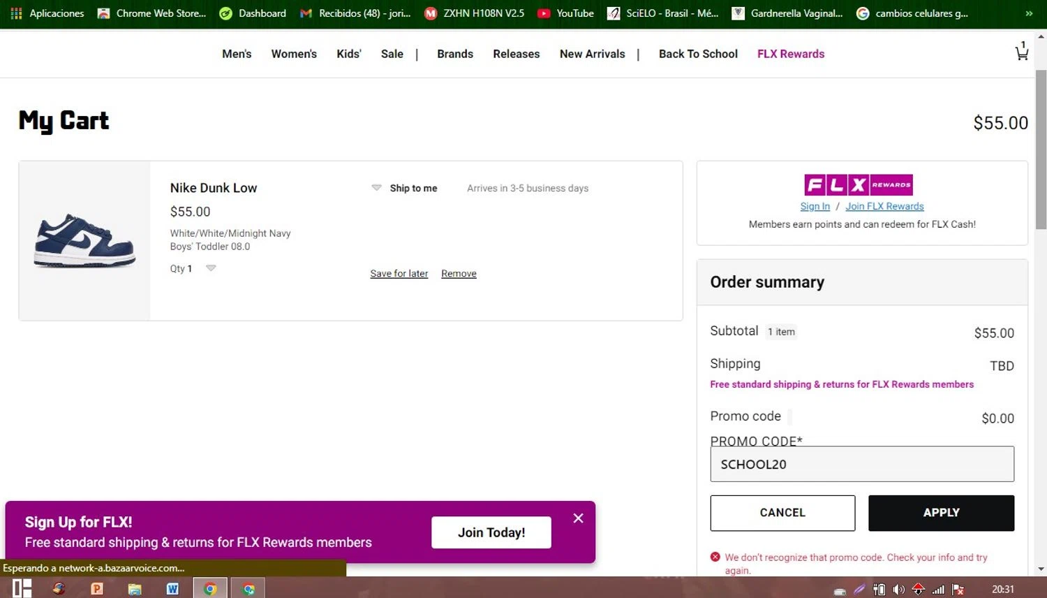Foot Locker promo code screenshot showing code SCHOOL20 applied at Foot Locker checkout page. Uploaded by SimplyCodes community member Patobel on Aug 4, 2025