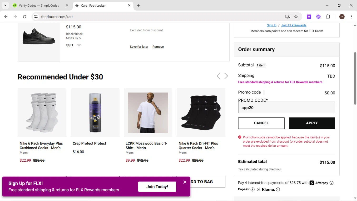 Foot Locker promo code screenshot showing code app20 applied at Foot Locker checkout page. Uploaded by SimplyCodes community member CodeMaverick246 on Aug 19, 2025
