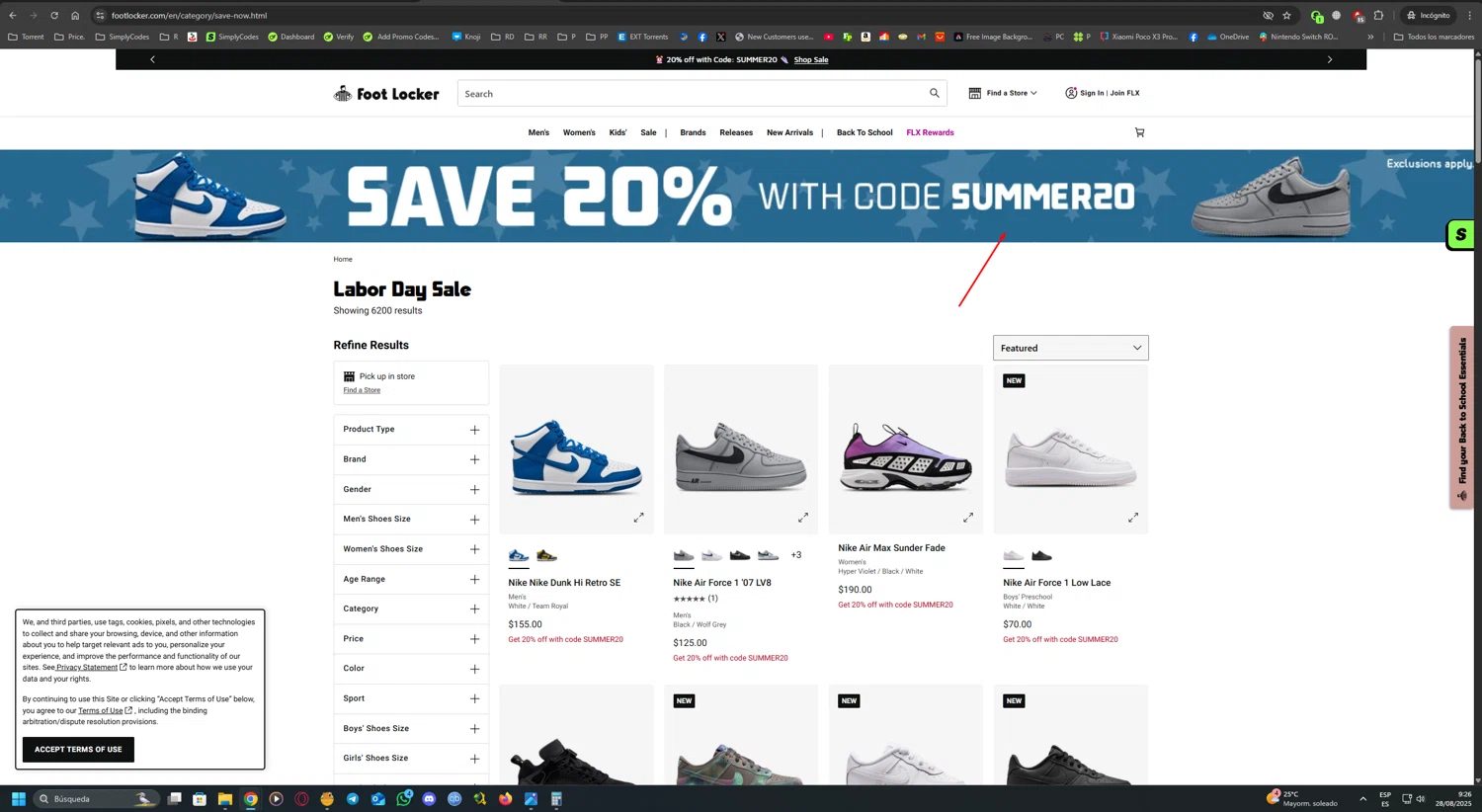 Foot Locker promo code screenshot showing code SUMMER20 applied at Foot Locker checkout page. Uploaded by SimplyCodes community member UnkNownVnzla on Aug 28, 2025