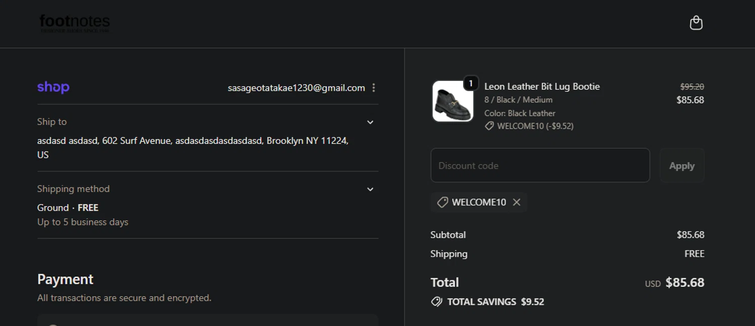 Footnotes promo code screenshot showing code WELCOME10 applied at Footnotes checkout page. Uploaded by SimplyCodes community member CleverPro3528 on Nov 27, 2025