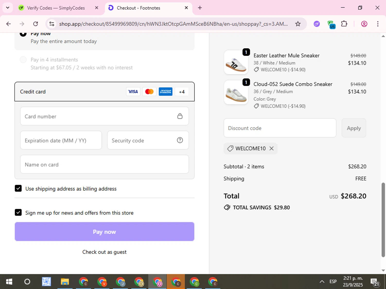 Footnotes promo code screenshot showing code WELCOME10 applied at Footnotes checkout page. Uploaded by SimplyCodes community member QuestCurator1644 on Sep 23, 2025