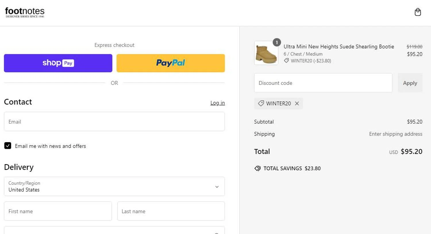 Footnotes promo code screenshot showing code WINTER20 applied at Footnotes checkout page. Uploaded by SimplyCodes community member stygian1 on Jan 9, 2025
