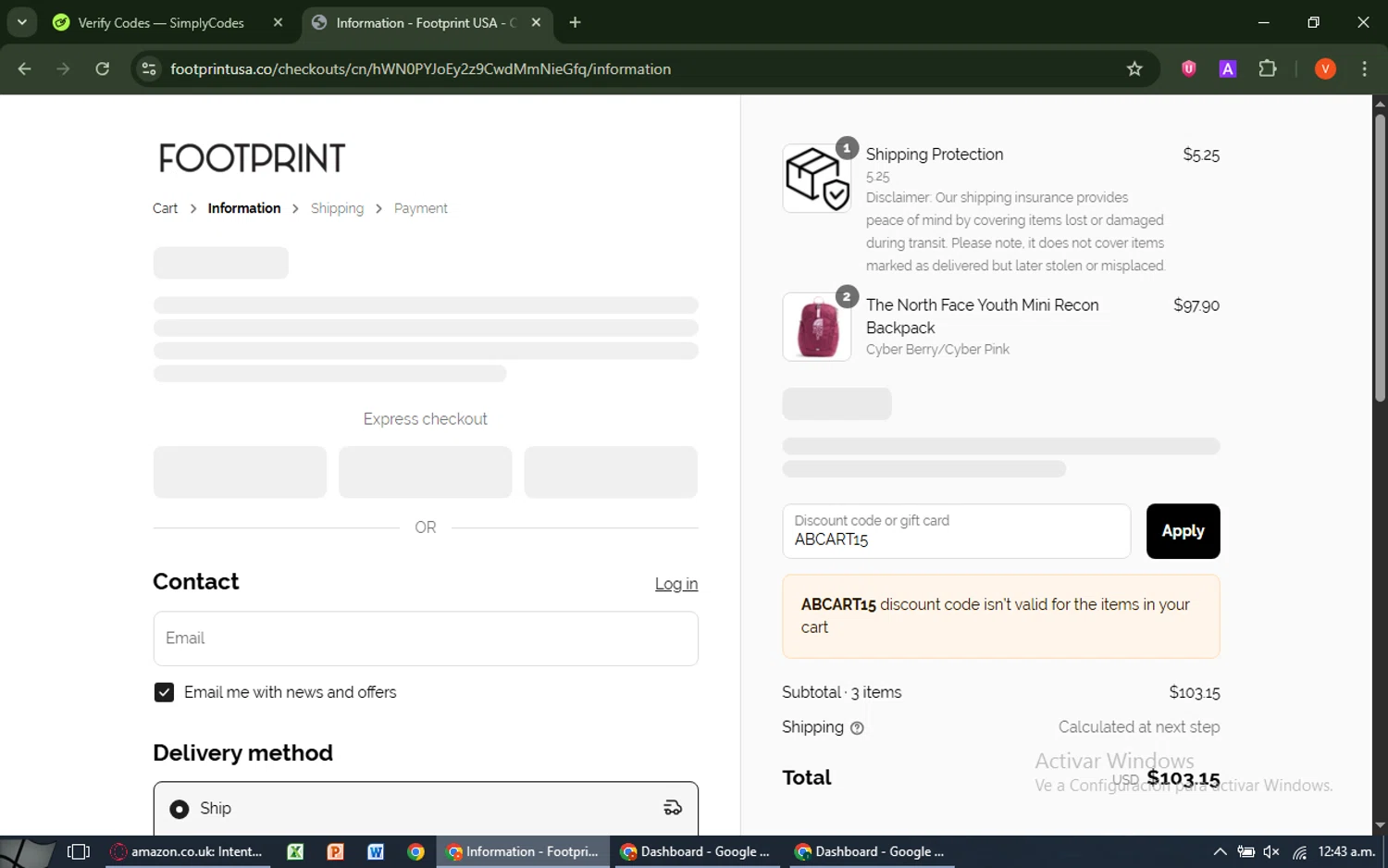 Footprint USA promo code screenshot showing code ABCART15 applied at Footprint USA checkout page. Uploaded by SimplyCodes community member SavingsCaptain8190 on Jul 9, 2025