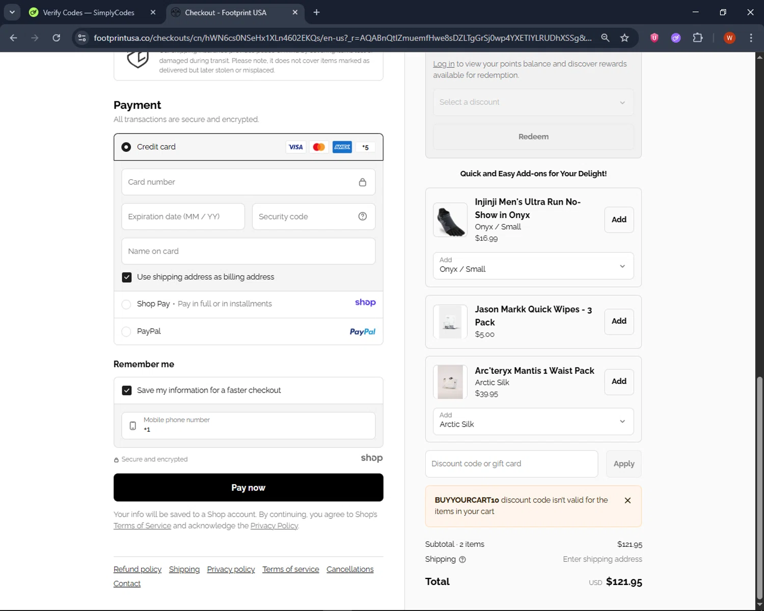 Footprint USA promo code screenshot showing code BuyYourCart10 applied at Footprint USA checkout page. Uploaded by SimplyCodes community member CashPro9699 on Dec 19, 2025