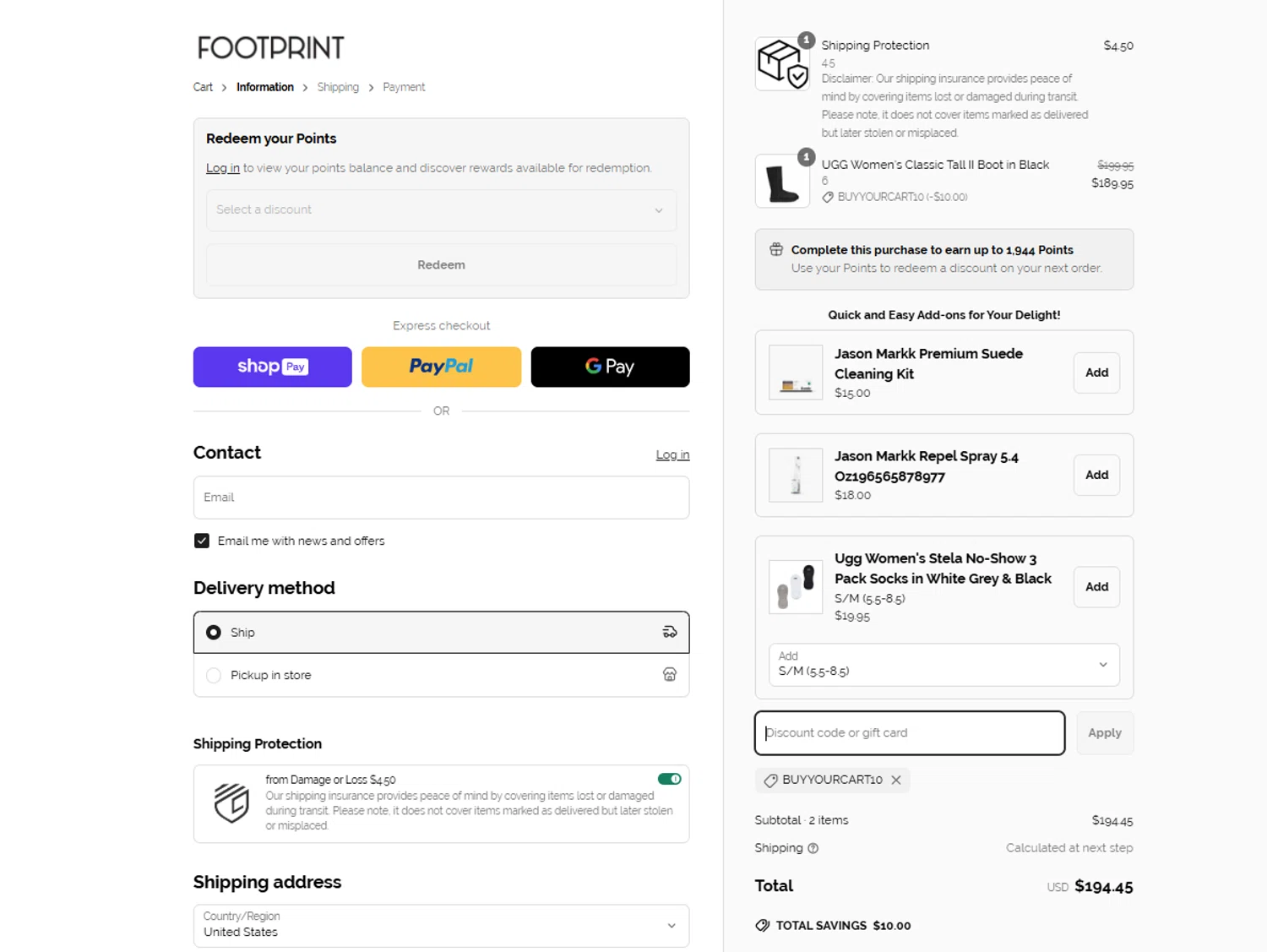 Footprint USA promo code screenshot showing code BuyYourCart10 applied at Footprint USA checkout page. Uploaded by SimplyCodes community member SmartFinder4193 on Mar 18, 2025