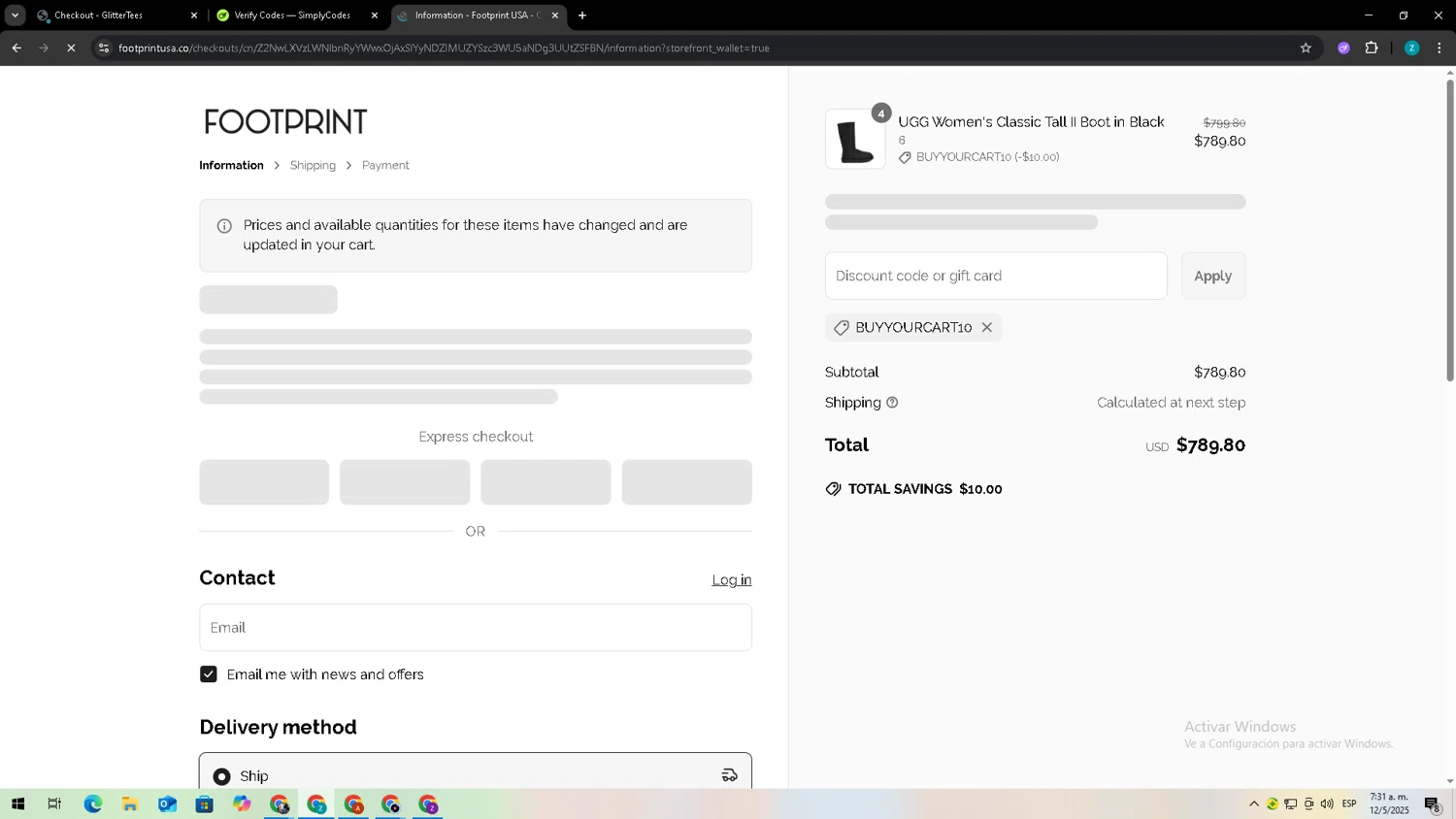 Footprint USA promo code screenshot showing code BuyYourCart10 applied at Footprint USA checkout page. Uploaded by SimplyCodes community member Zxdqui on May 12, 2025