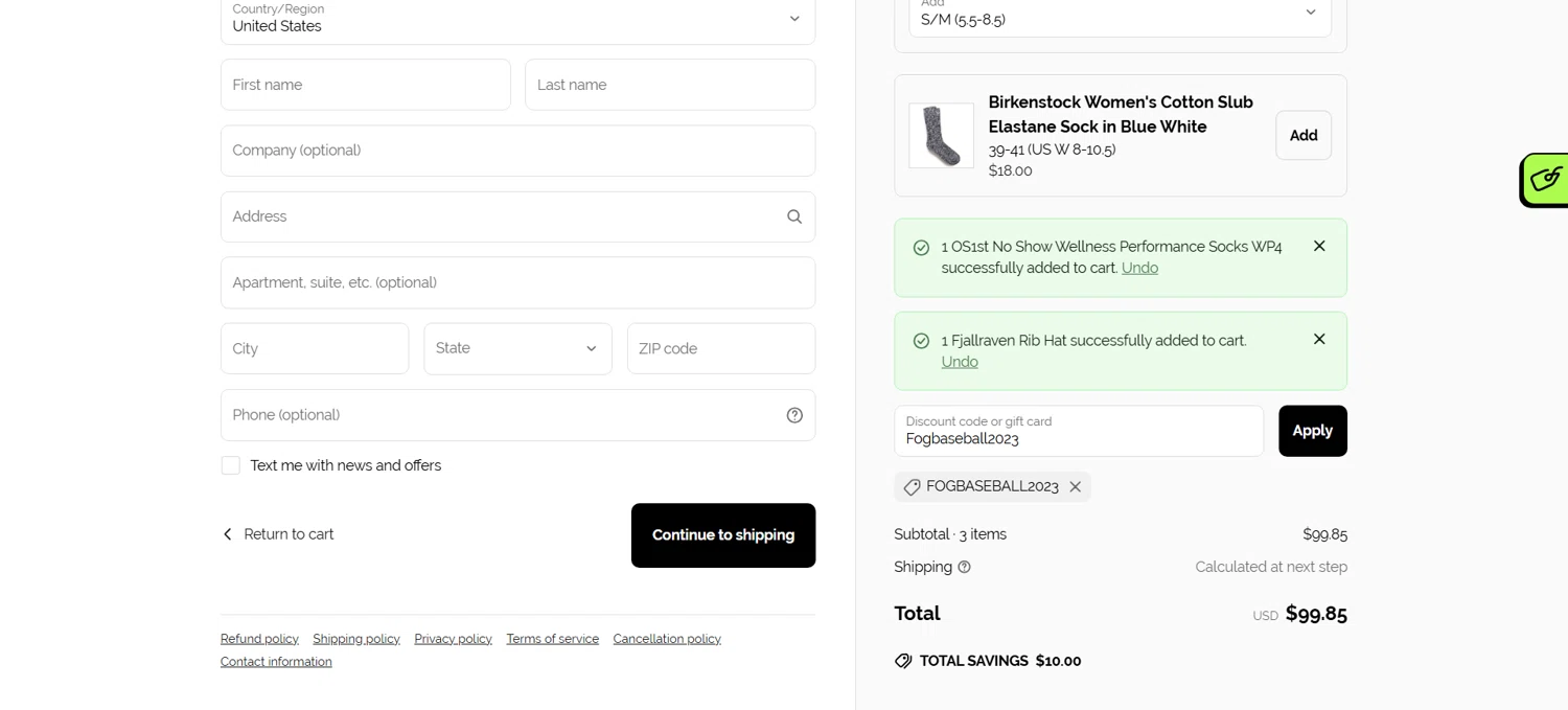 Footprint USA promo code screenshot showing code Fogbaseball2023 applied at Footprint USA checkout page. Uploaded by SimplyCodes community member pabloprieto on Mar 18, 2025