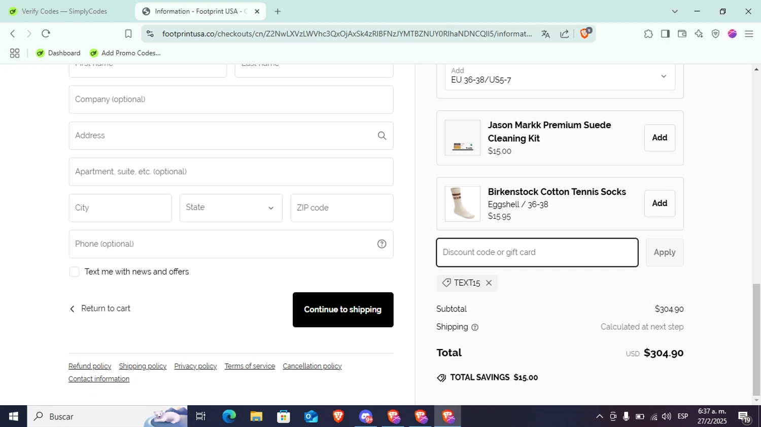 Footprint USA promo code screenshot showing code TEXT15 applied at Footprint USA checkout page. Uploaded by SimplyCodes community member Yure1313 on Feb 27, 2025