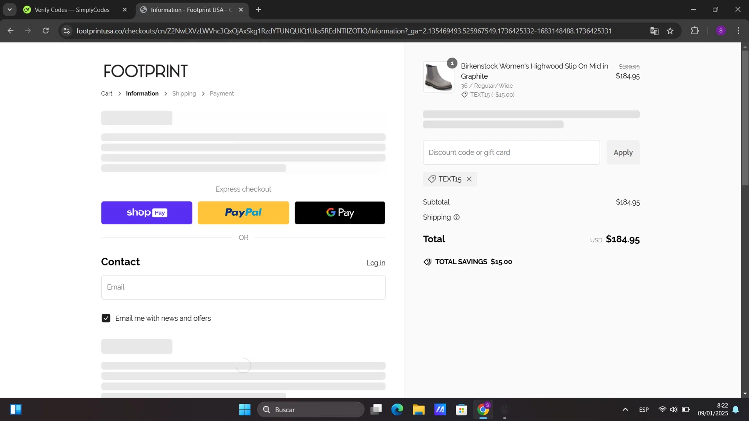 Footprint USA promo code screenshot showing code TEXT15 applied at Footprint USA checkout page. Uploaded by SimplyCodes community member sorialbam on Jan 9, 2025