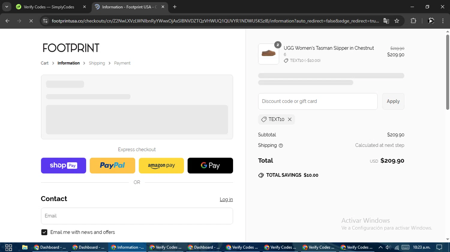 Footprint USA promo code screenshot showing code TEXT10 applied at Footprint USA checkout page. Uploaded by SimplyCodes community member SavvyChaser6563 on Mar 18, 2025