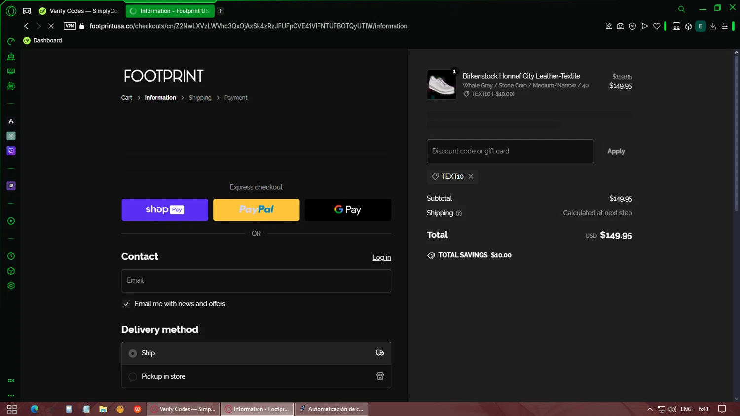 Footprint USA promo code screenshot showing code TEXT10 applied at Footprint USA checkout page. Uploaded by SimplyCodes community member protah on Feb 27, 2025