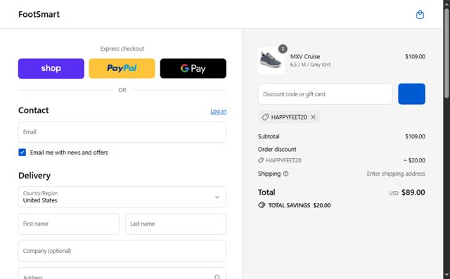 FootSmart checkout page showing FootSmart discount code box | Screenshot taken by SimplyCodes community member on Sep 8, 2025