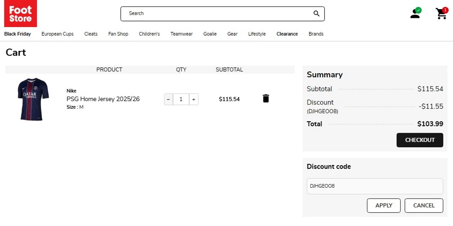 Foot-Store discount code screenshot showing code DJHGEOO8 applied at Foot-Store checkout page. Uploaded by SimplyCodes community member Elcompa on Nov 17, 2025