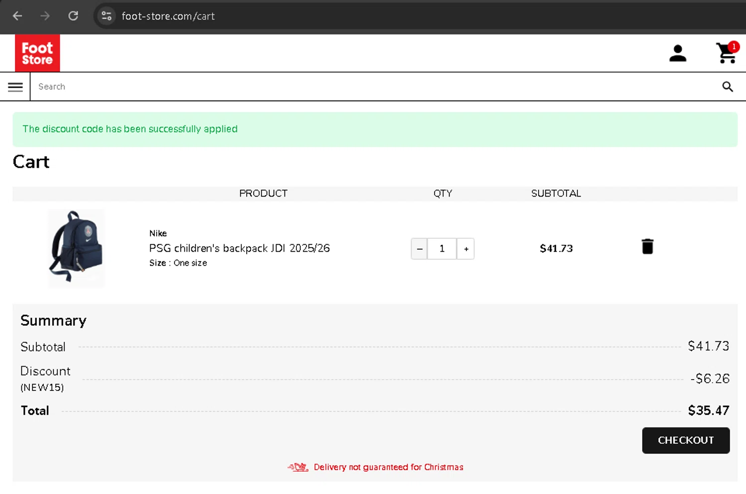 Foot-Store discount code screenshot showing code NEW15 applied at Foot-Store checkout page. Uploaded by SimplyCodes community member BonusPro7395 on Dec 25, 2025
