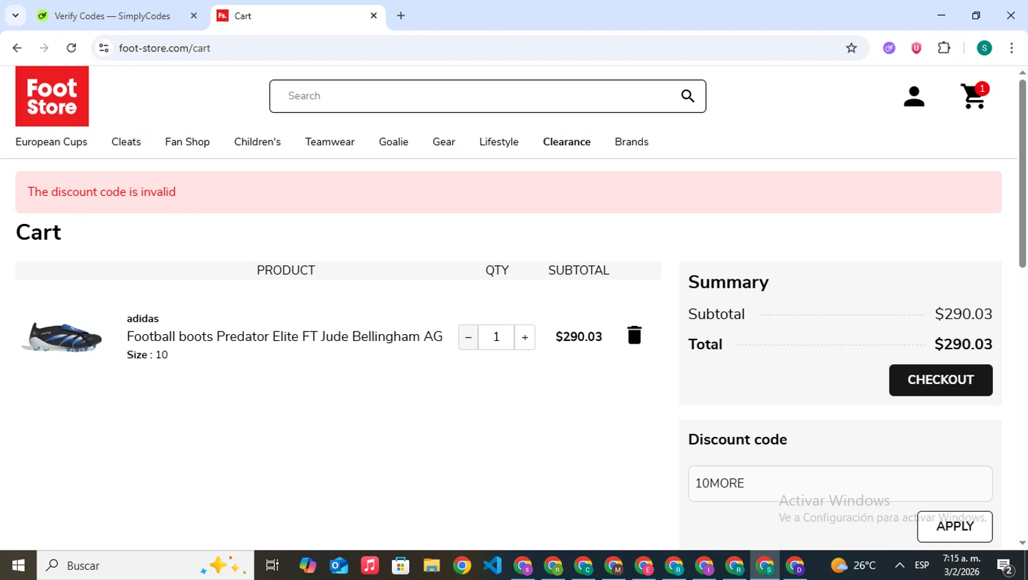 Foot-Store discount code screenshot showing code 10MORE applied at Foot-Store checkout page. Uploaded by SimplyCodes community member VictoriousPilot5281 on Feb 3, 2026