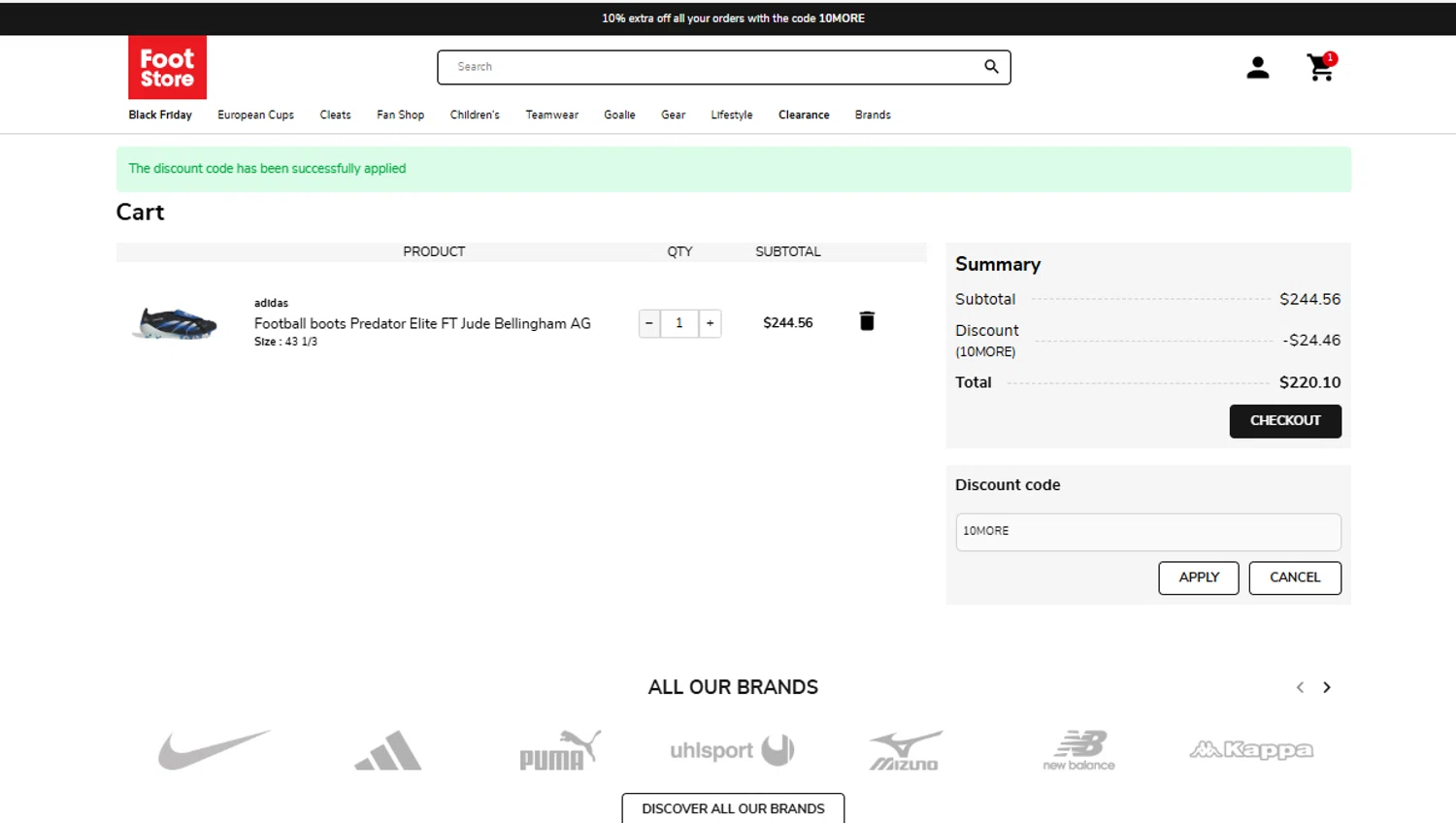 Foot-Store discount code screenshot showing code 10MORE applied at Foot-Store checkout page. Uploaded by SimplyCodes community member ylenisjordan on Nov 25, 2025