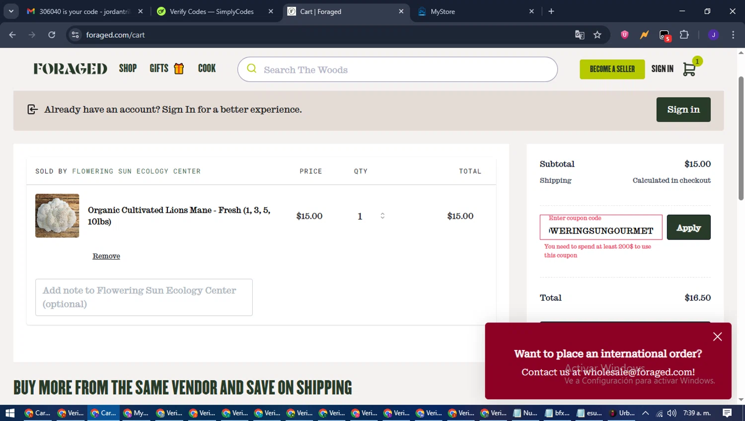 Foraged discount code screenshot showing code FLOWERINGSUNGOURMET applied at Foraged checkout page. Uploaded by SimplyCodes community member LegendaryLegend9872 on Jul 11, 2025