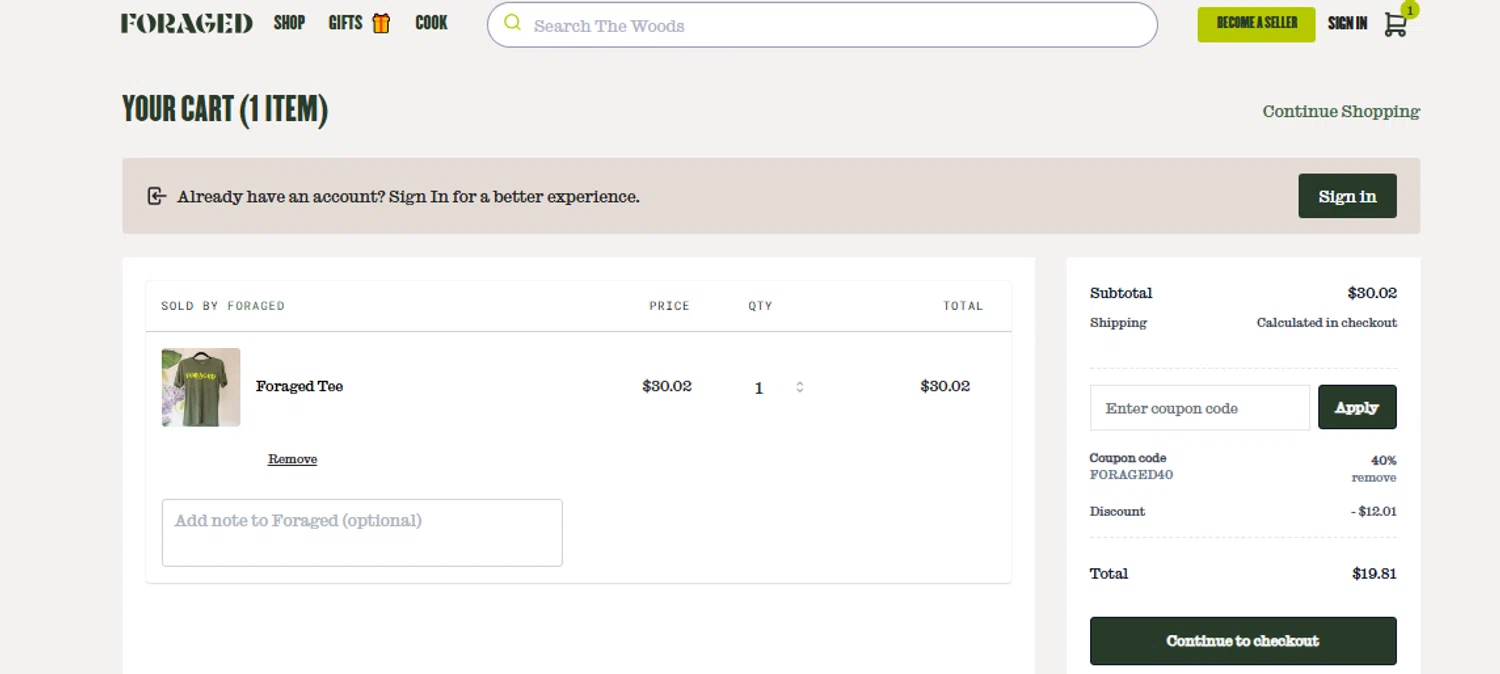 Foraged discount code screenshot showing code FORAGED40 applied at Foraged checkout page. Uploaded by SimplyCodes community member Toundji on Dec 7, 2025