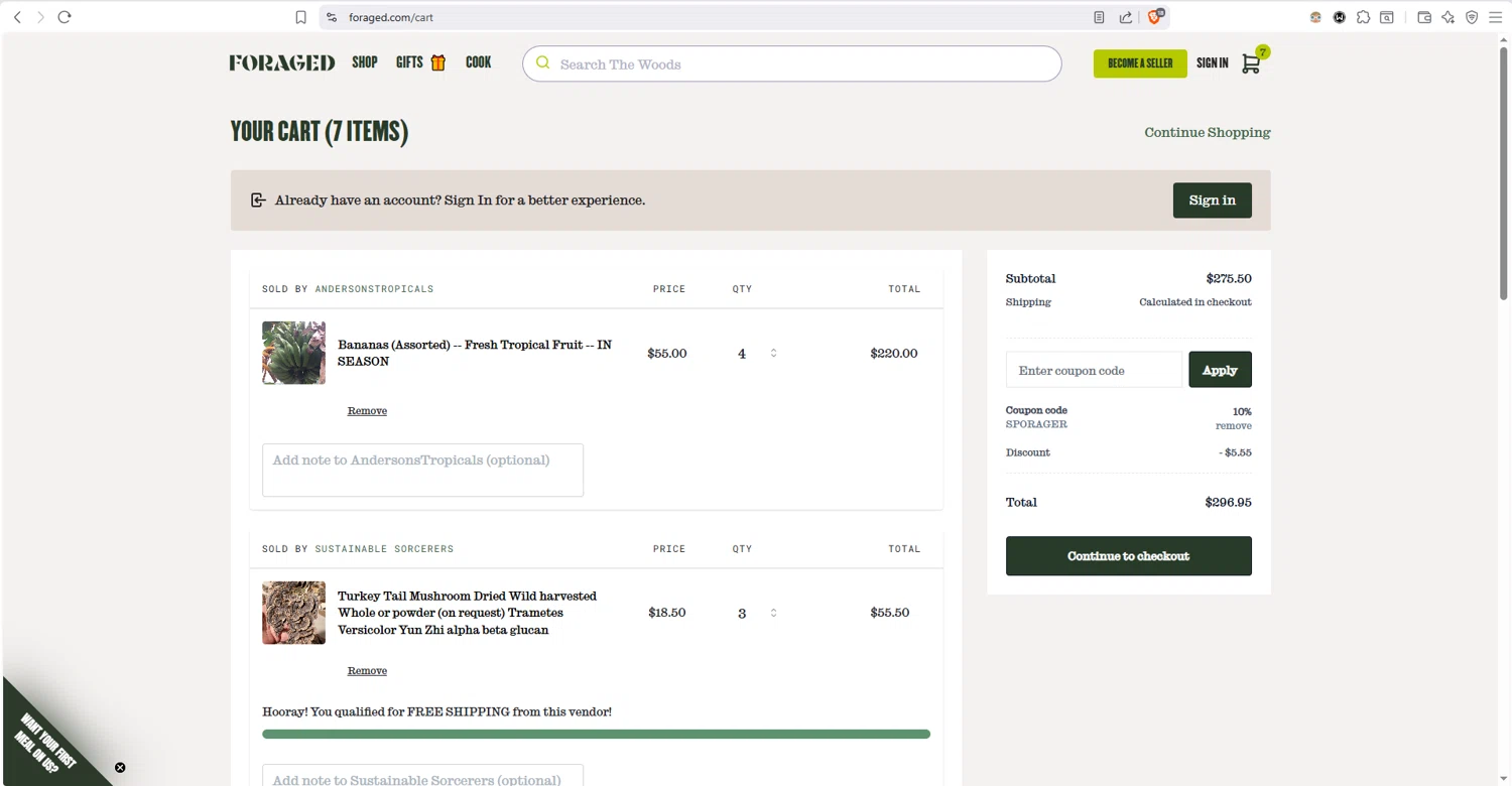 Foraged checkout page showing Foraged discount code box | Screenshot taken by SimplyCodes community member on Feb 2, 2026