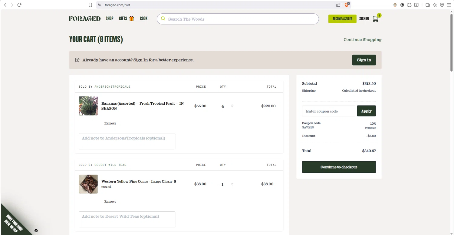 Foraged checkout page showing Foraged discount code box | Screenshot taken by SimplyCodes community member on Feb 2, 2026