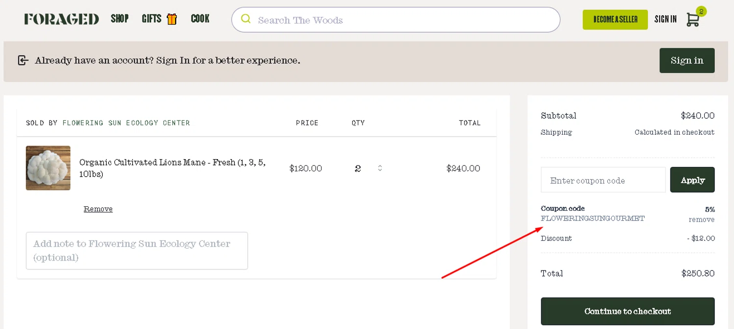 Foraged discount code screenshot showing code FLOWERINGSUNGOURMET applied at Foraged checkout page. Uploaded by SimplyCodes community member AMANDA2681 on Jun 12, 2025