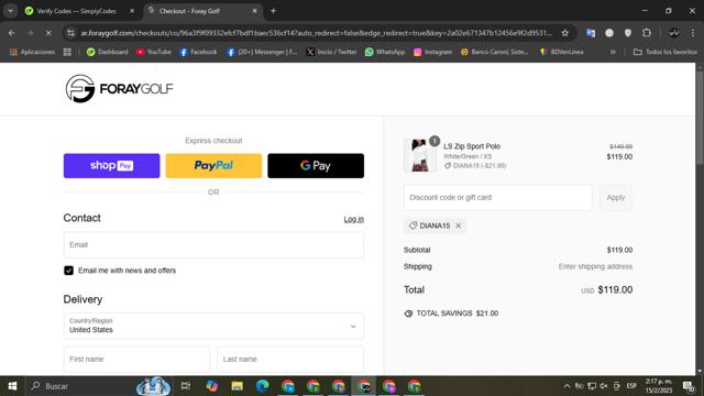 Foray Golf checkout page showing Foray Golf promo code box | Screenshot taken by SimplyCodes community member on Feb 15, 2025