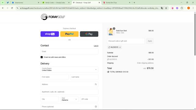Foray Golf checkout page showing Foray Golf promo code box | Screenshot taken by SimplyCodes community member on Jul 1, 2025
