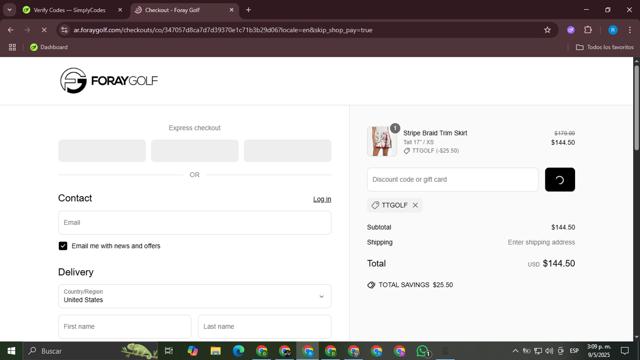 Foray Golf checkout page showing Foray Golf promo code box | Screenshot taken by SimplyCodes community member on May 9, 2025