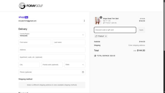 Foray Golf checkout page showing Foray Golf promo code box | Screenshot taken by SimplyCodes community member on Apr 15, 2025
