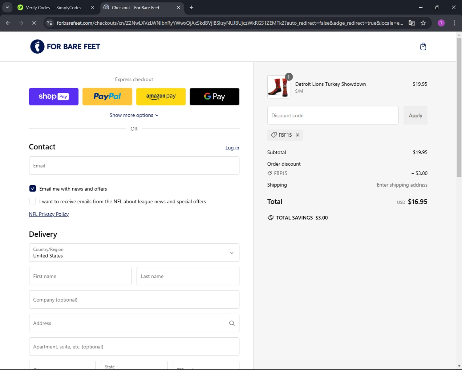For Bare Feet discount code screenshot showing code FBF15 applied at For Bare Feet checkout page. Uploaded by SimplyCodes community member CleverFinder9623 on Dec 30, 2024