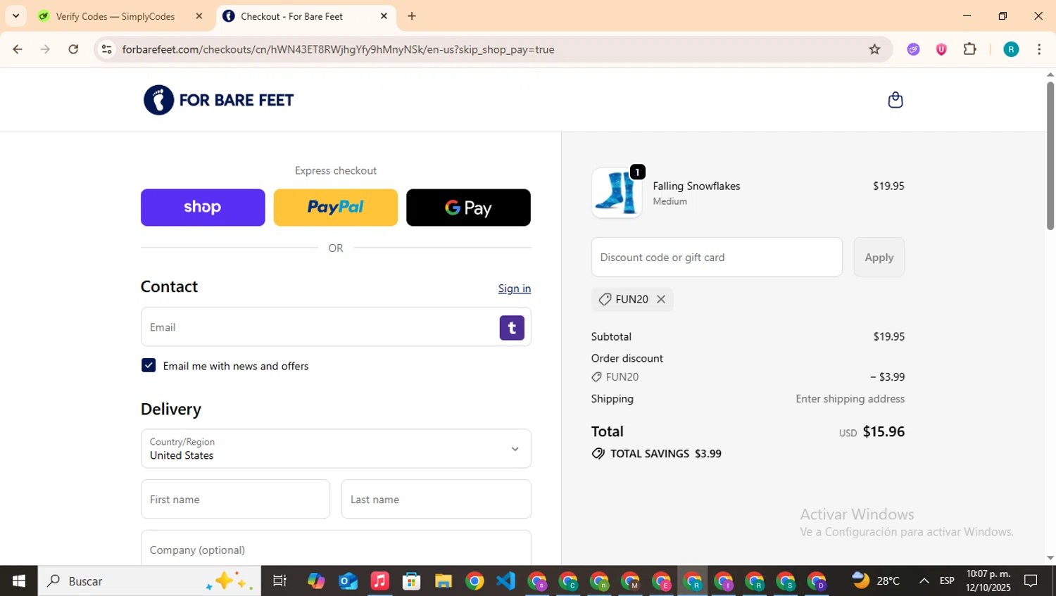 For Bare Feet discount code screenshot showing code fun20 applied at For Bare Feet checkout page. Uploaded by SimplyCodes community member BudgetHero4407 on Oct 13, 2025
