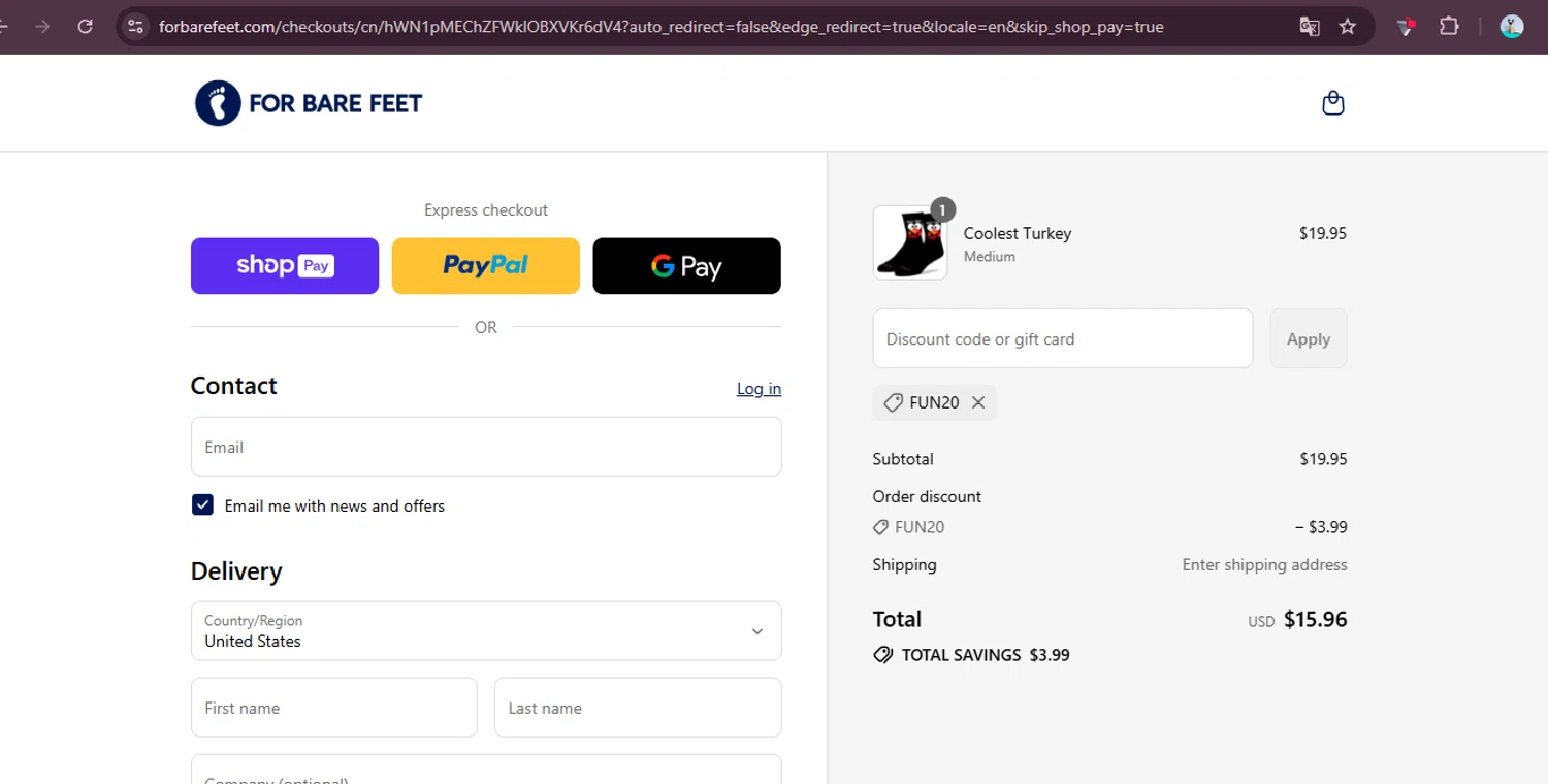 For Bare Feet discount code screenshot showing code fun20 applied at For Bare Feet checkout page. Uploaded by SimplyCodes community member elgatobravo on Aug 15, 2025