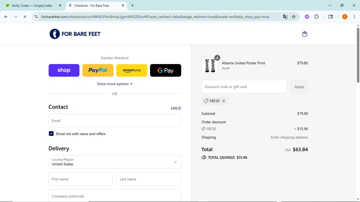 For Bare Feet discount code screenshot showing code FBF20 applied at For Bare Feet checkout page. Uploaded by SimplyCodes community member BudgetFox5491 on Sep 2, 2025