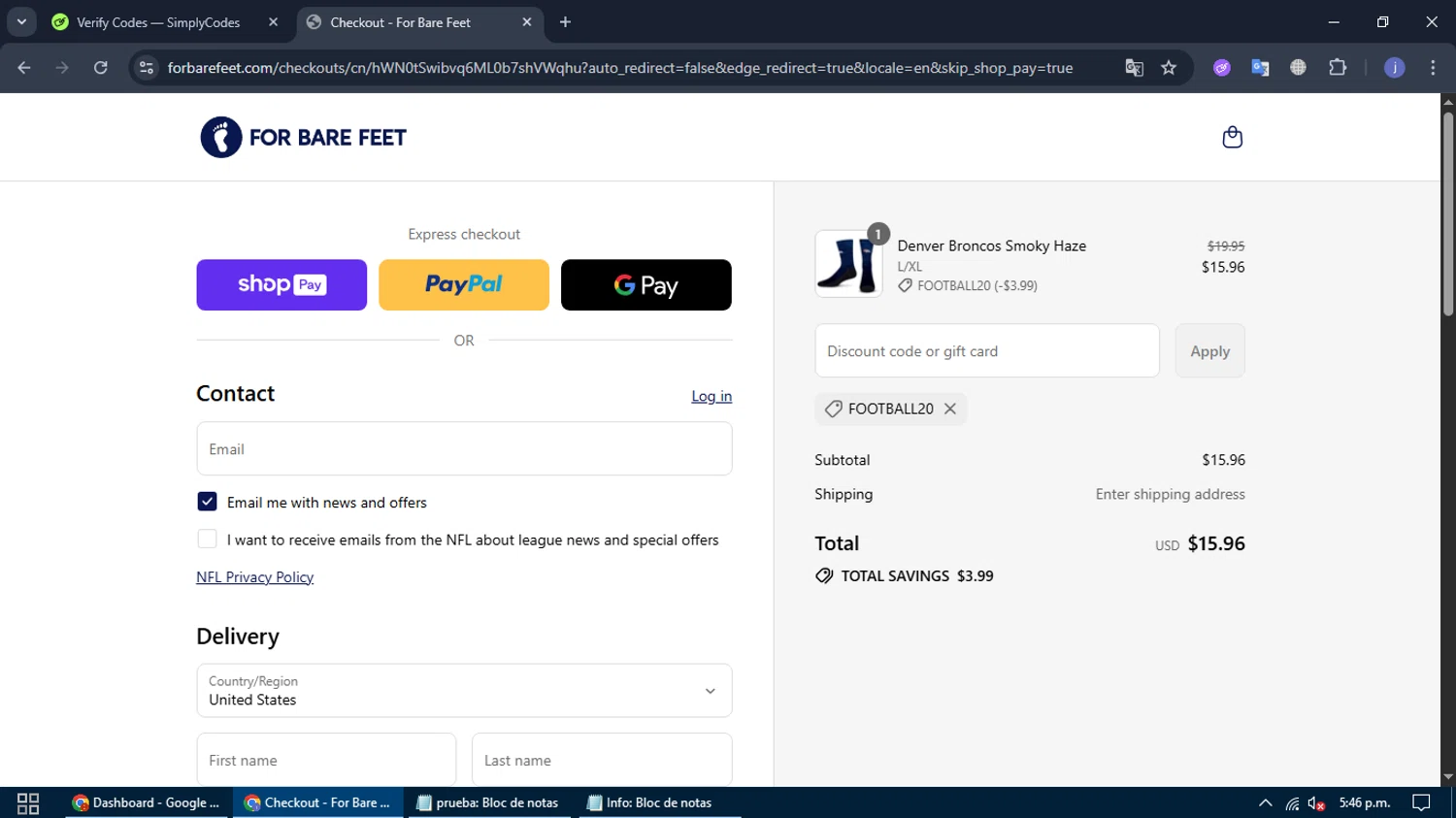 For Bare Feet discount code screenshot showing code FOOTBALL20 applied at For Bare Feet checkout page. Uploaded by SimplyCodes community member Chimuelo on Jul 21, 2025