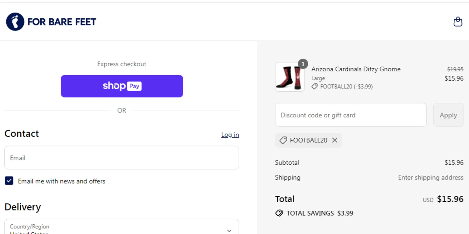 For Bare Feet discount code screenshot showing code FOOTBALL20 applied at For Bare Feet checkout page. Uploaded by SimplyCodes community member couponcheck02 on Jul 8, 2025