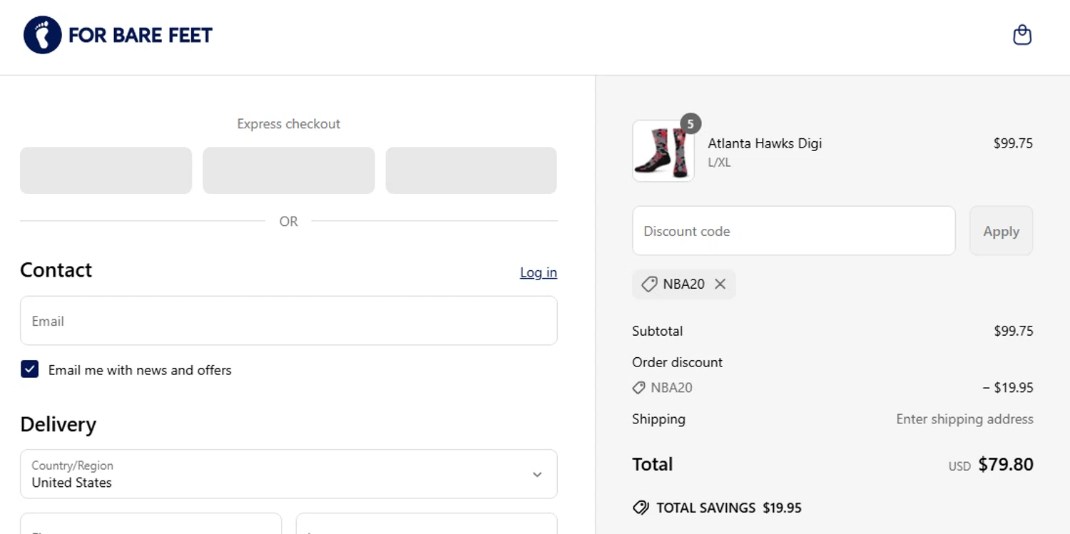 For Bare Feet discount code screenshot showing code NBA20 applied at For Bare Feet checkout page. Uploaded by SimplyCodes community member couponcheck02 on May 7, 2025