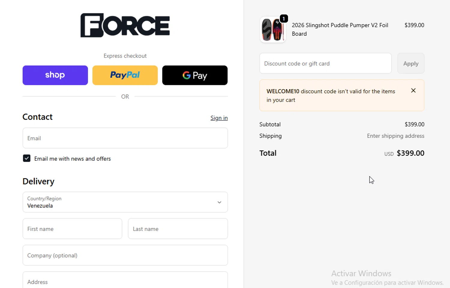 Force Kiteboarding promo code screenshot showing code WELCOME10 applied at Force Kiteboarding checkout page. Uploaded by SimplyCodes community member danyx_gx on Jan 20, 2026