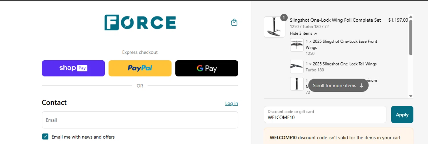 Force Kiteboarding promo code screenshot showing code WELCOME10 applied at Force Kiteboarding checkout page. Uploaded by SimplyCodes community member ashe1986 on May 24, 2025