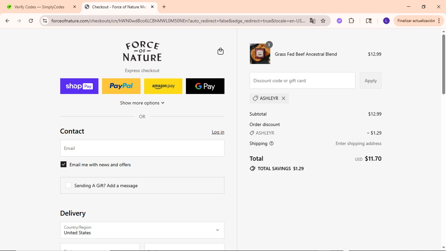 Force of Nature Meats discount code screenshot showing code ASHLEYR applied at Force of Nature Meats checkout page. Uploaded by SimplyCodes community member EpicWarden3081 on Jul 23, 2025