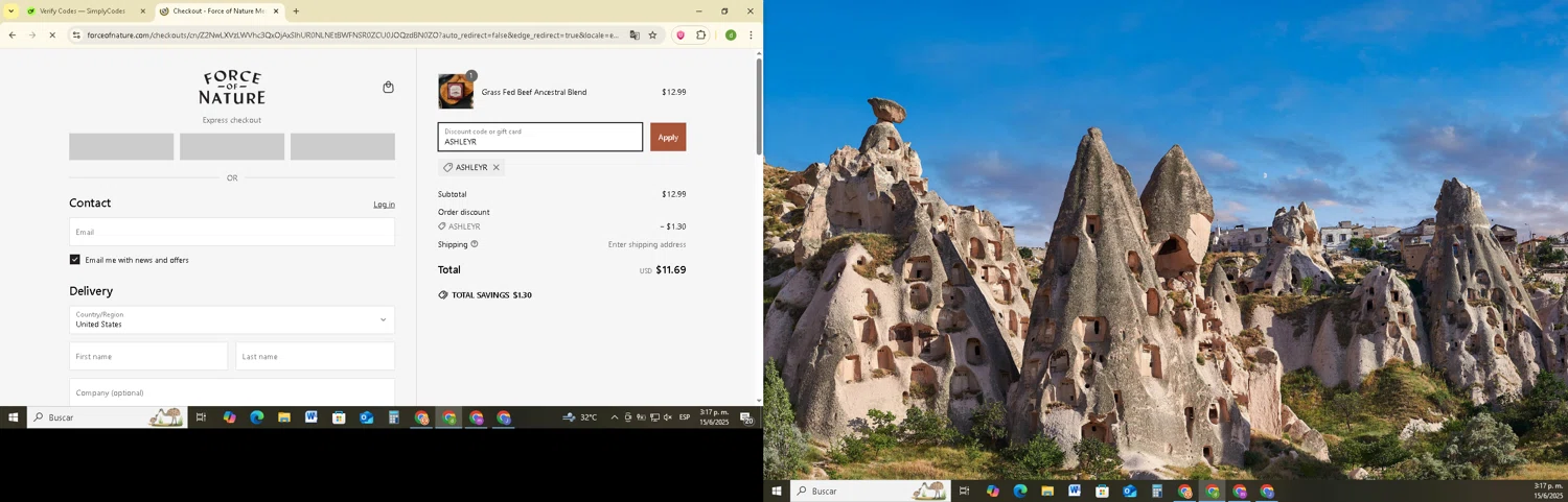 Force of Nature Meats discount code screenshot showing code ASHLEYR applied at Force of Nature Meats checkout page. Uploaded by SimplyCodes community member SavingsSentinel833 on Jun 15, 2025