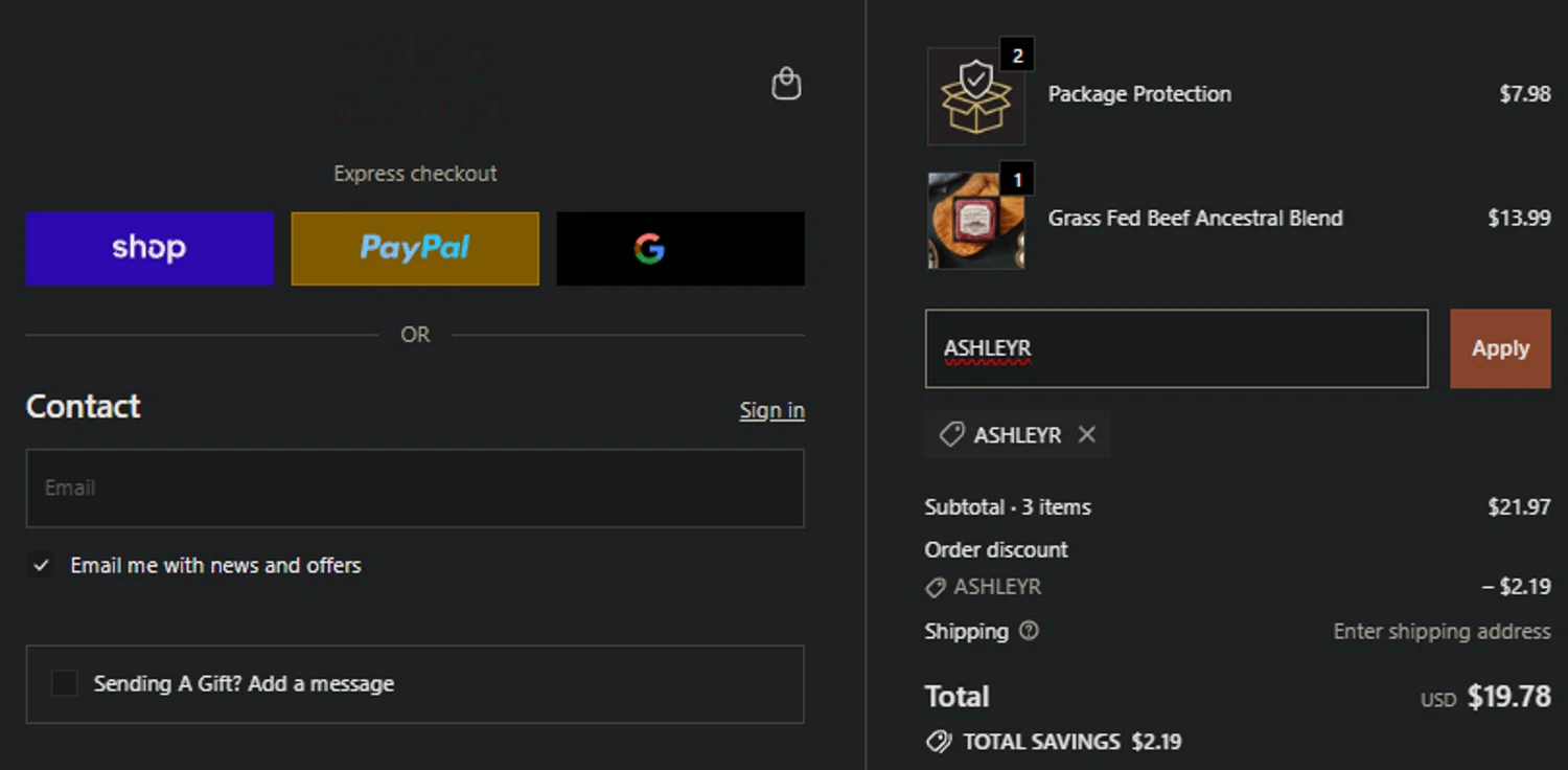 Force of Nature Meats discount code screenshot showing code ASHLEYR applied at Force of Nature Meats checkout page. Uploaded by SimplyCodes community member SpiderGwen on Nov 2, 2025