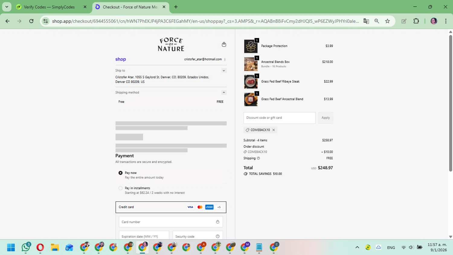 Force of Nature Meats checkout page showing Force of Nature Meats discount code box | Screenshot taken by SimplyCodes community member on Jan 9, 2026