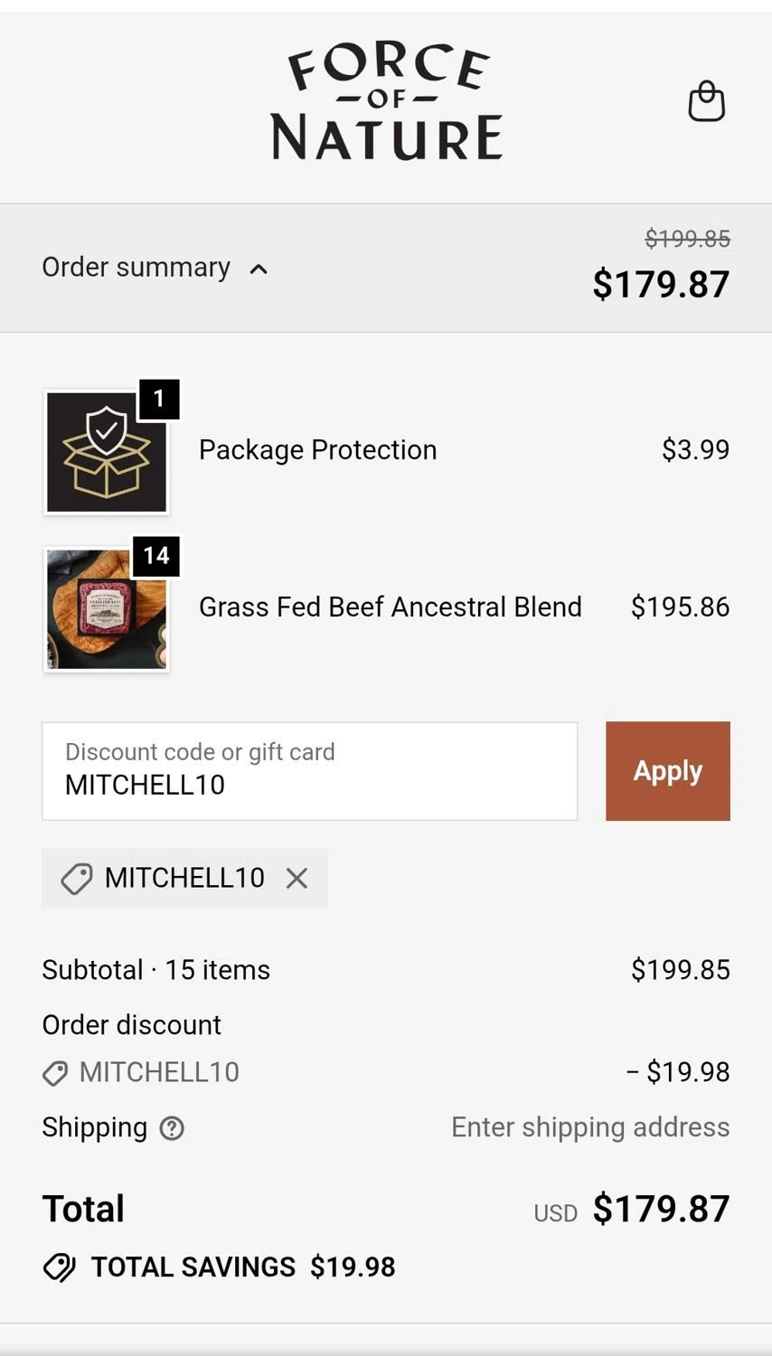 Force of Nature Meats discount code screenshot showing code MITCHELL10 applied at Force of Nature Meats checkout page. Uploaded by SimplyCodes community member JuanMonge on Nov 12, 2025