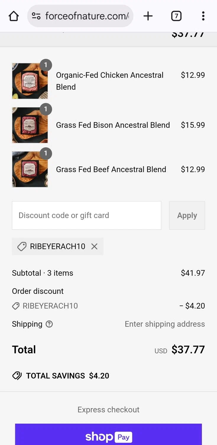 Force of Nature Meats discount code screenshot showing code RIBEYERACH10 applied at Force of Nature Meats checkout page. Uploaded by SimplyCodes community member KarinaHZ on Jun 15, 2025