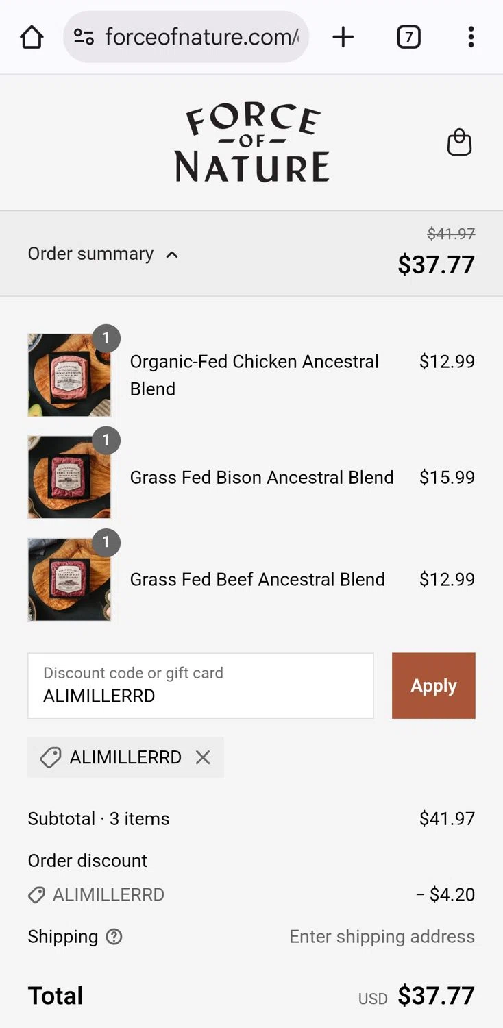 Force of Nature Meats discount code screenshot showing code ALIMILLERRD applied at Force of Nature Meats checkout page. Uploaded by SimplyCodes community member KarinaHZ on Jun 15, 2025
