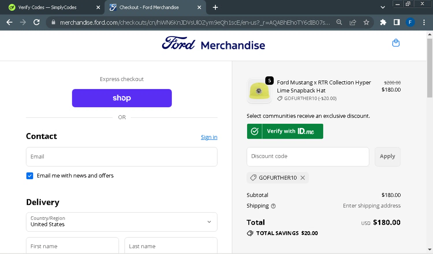 Ford promo code screenshot showing code GOFURTHER10 applied at Ford checkout page. Uploaded by SimplyCodes community member Fraimer on Dec 12, 2025