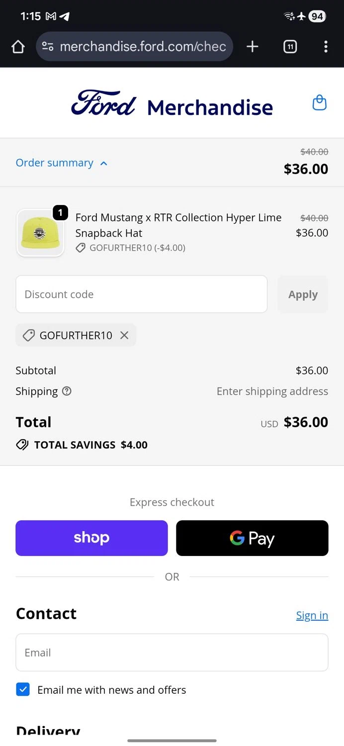 Ford checkout page showing Ford promo code box | Screenshot taken by SimplyCodes community member on Jan 14, 2026