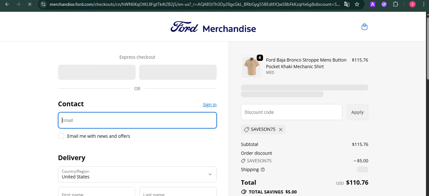 Ford promo code screenshot showing code save5on75 applied at Ford checkout page. Uploaded by SimplyCodes community member MoneyFalcon481 on Dec 12, 2025