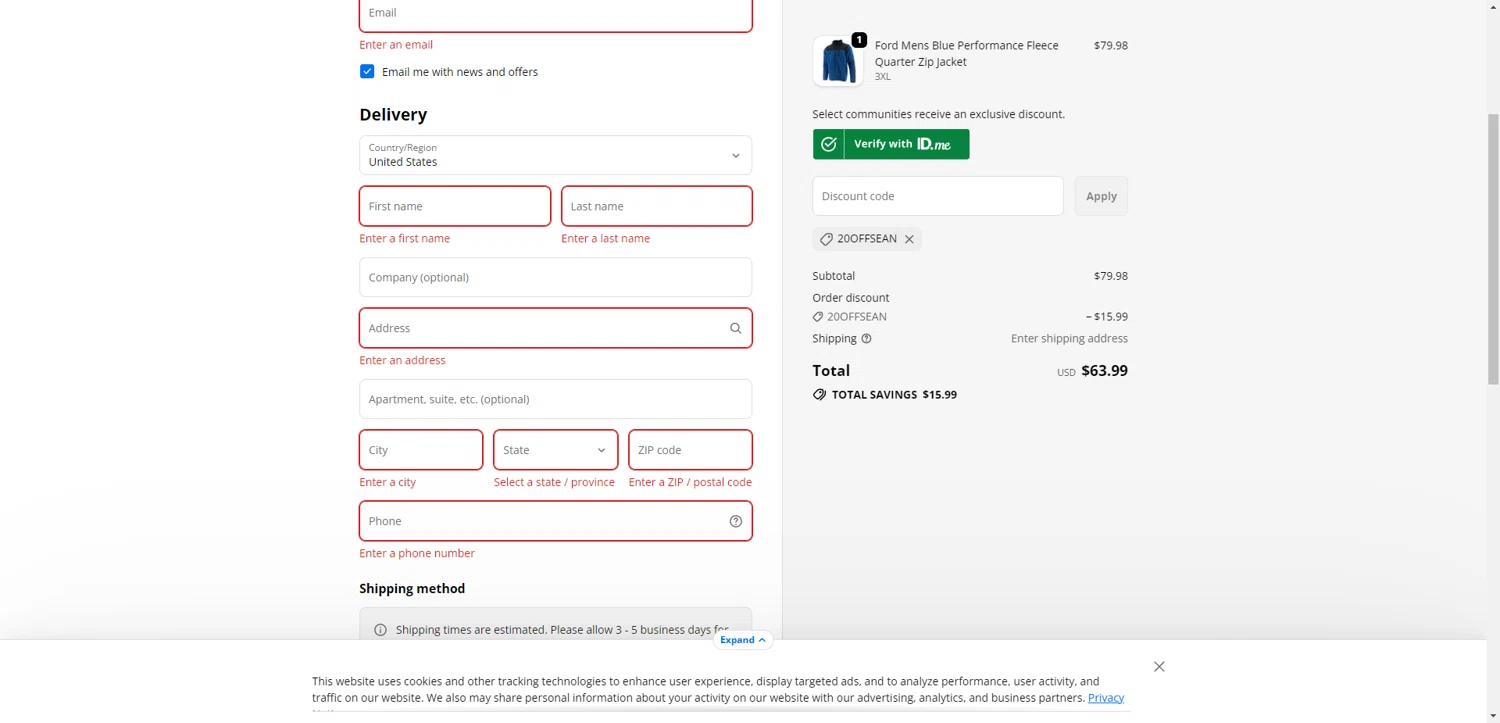 Ford checkout page showing Ford promo code box | Screenshot taken by SimplyCodes community member on Jan 18, 2026